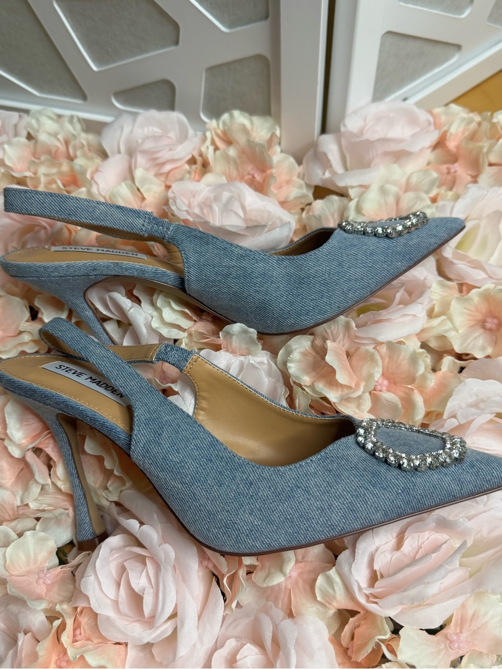 Steve Madden Light Blue Denim Slingback Flats with Crystal Round Buckle